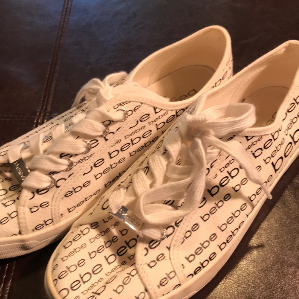bebe White and Black Logo Print Sneakers